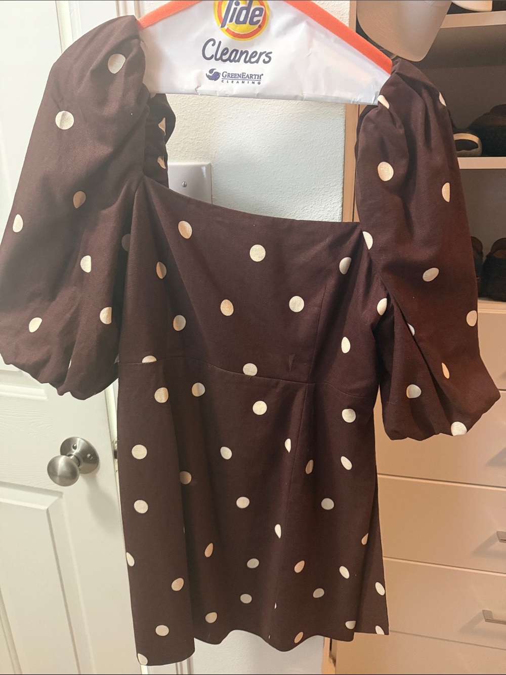 Sezane Brown Mini Dress with Cream Polka Dots